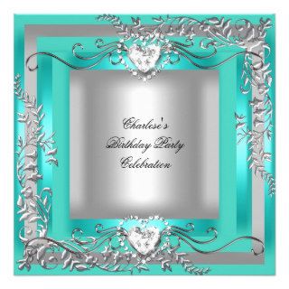 Birthday Party Teal Blue Turquoise Silver Personalized Announcement