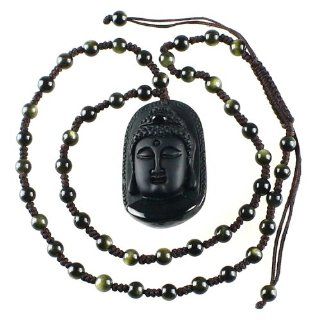 Handmade Carved Obsidian Kwan yin Head Pendant Adjustable Necklace 19 20 Inches Jewelry