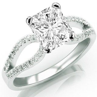 0.77 Carat Radiant Cut / Shape GIA Certified Split Shank Curved Pave Set Diamond Engagement Ring ( H Color, SI2 Clarity ) Jewelry