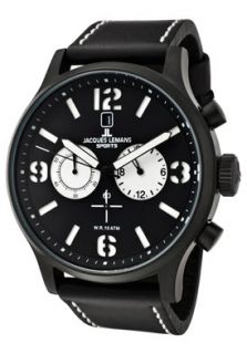 JACQUES LEMANS 1659A  Watches,Mens Porto Chronograph Black Dial Black Leather, Chronograph JACQUES LEMANS Quartz Watches