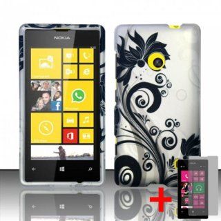 NOKIA LUMIA 521 BLACK SILVER FLOWER VINE RUBBERIZED COVER SNAP ON HARD CASE + SCREEN PROTECTOR from [ACCESSORY ARENA] Cell Phones & Accessories