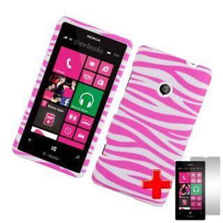 Nokia Lumia 521 (T Mobile) 2 Piece Snap on Rubberized Image Case Cover, Pink/White Zebra Stripe Pattern + LCD Clear Screen Saver Protector Cell Phones & Accessories
