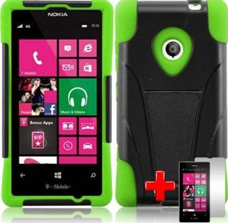 Nokia Lumia 521 (T Mobile) 2 Piece Silicon Soft Skin Hard Shell Kickstand Case Cover, Black/Green + LCD Clear Screen Saver Protector Cell Phones & Accessories