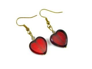 Ruby Red Heart Shape Czech Glass Beads Dangle Earrings, Accented with a Swarovski Clear Crystal, 15mm Creative Ventures Jewelry
