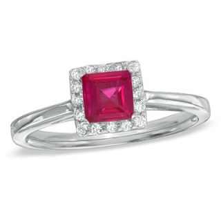 Princess Cut Lab Created Ruby and 1/7 CT. T.W. Diamond Engagement Ring