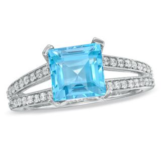 Princess Cut Blue Topaz and 1/4 CT. T.W. Diamond Ring in 10K White