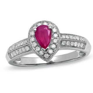 Pear Shaped Ruby Vintage Style Ring in 10K White Gold with Diamond