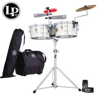 LP Latin Percussion Tito Puente Timbales Set   14" & 15" Stainless Steel Shells  Includes Heavy Duty Stand, Cowbell Bracket, Timbales Stick, Tuning Wrench, LP201BK P LP Rumba Shakers, LPES6 & LPES7 Salsa Cowbell, LP1207 Jamblock, LP 539 
