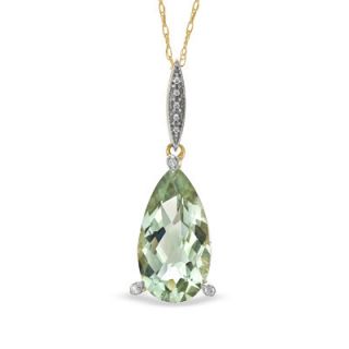 Pear Shaped Green Quartz and Diamond Accent Drop Pendant in 10K Gold