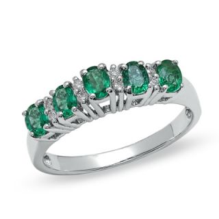 Oval Emerald Five Stone Band in 10K White Gold with Diamond Accents