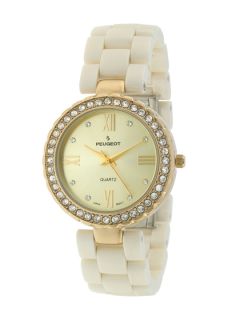 Womens Gold, Crystal, & Beige Ceramic Round Watch by Peugeot Watches