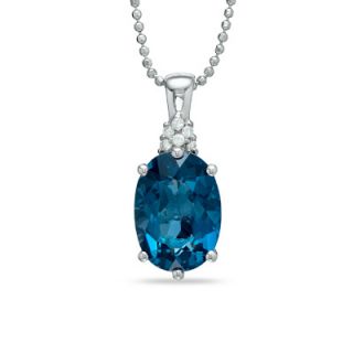 Oval London Blue Topaz Pendant in Sterling Silver with Diamond Accents