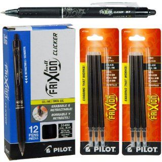 Pilot Frixion Clicker Erasable Black Gel Ink Pens, 12 Pens with 2 Packs of Refills  Gel Ink Rollerball Pens 