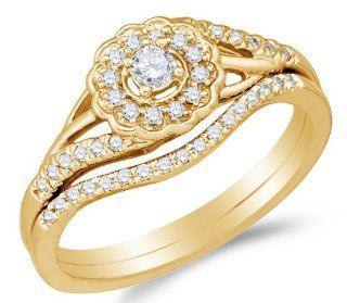 10K Yellow Gold Halo Prong Set Round Brilliant Cut Diamond Bridal Engagement Ring and Matching Wedding Band Two 2 Ring Set   Classic Traditional Solitaire Shape Center Setting   (1/4 cttw.) Jewelry