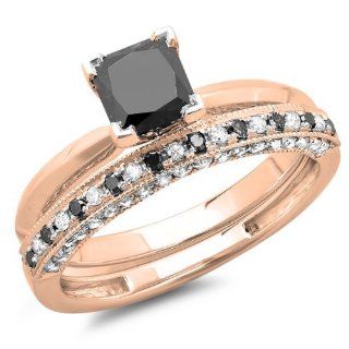 1.50 Carat (ctw) 14K Gold Princess Cut Black & Round White Diamond Bridal Engagement Ring Set 1 1/2 CT Jewelry
