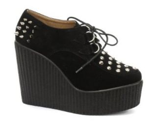 Odeon Black Faux Suede Studded Womens Platform Wedge Creepers Creepers Shoes Women Shoes