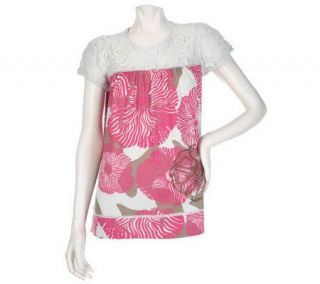 Motto Floral Print Cap Sleeve Knit Top w/ Lace Yoke —