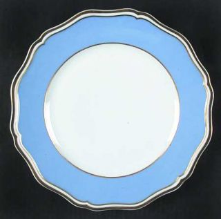 Raynaud Polka Blue Dinner Plate, Fine China Dinnerware   Blue Rim,Gold Trim/Ring
