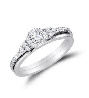 10K White Gold Halo Prong Set Round Brilliant Cut Diamond Bridal Engagement Ring and Matching Wedding Band Two 2 Ring Set   Classic Traditional Solitaire Shape Center Setting   (.30 cttw.) Jewelry