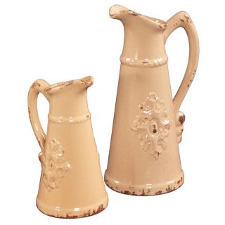 Tall Distressed Ivory Ceramic Pitchers (set Of 2)