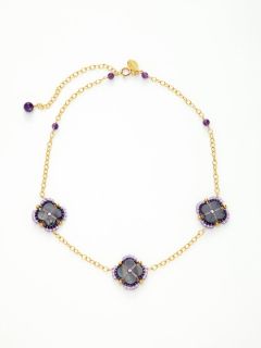 Amethyst bead and triple mother of pearl clover necklace by Miguel Ases