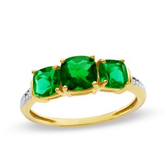 Cushion Cut Lab Created Emerald Three Stone Ring in 10K Gold with