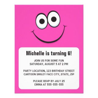 Funny cartoon pink smiley face birthday invite