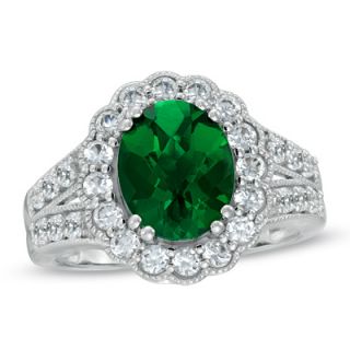 Oval Lab Created Emerald and White Sapphire Split Shank Scallop Frame