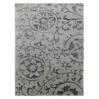 Hand knotted Blue/ Grey Floral Wool/ Silk Rug (56 X 86)