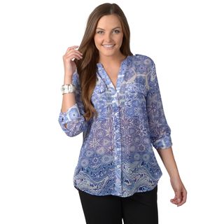 Journee Collection Journee Collection Womens Roll Sleeve Button up Chiffon Top Blue Size S (4  6)