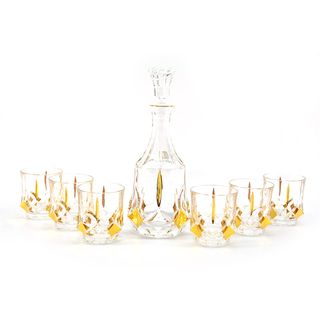 Complete Seven Piece Goldtone Trim Bottle and Glass Liquor Set Beverage Serving Sets