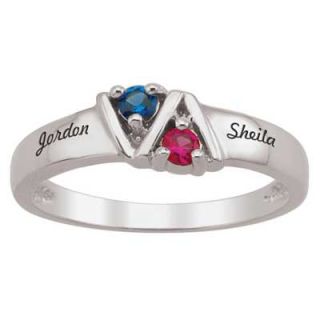 Couples Simulated Birthstone Ring in Sterling Silver (2 Names and