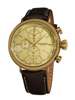 Mens Gold & Brown Leather Round Watch by Akribos XXIV