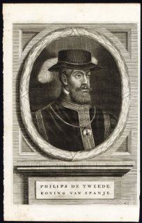 Antique Portrait Print Engraving PHILIPS II SPAIN Le Clerc 1730   Etchings Prints