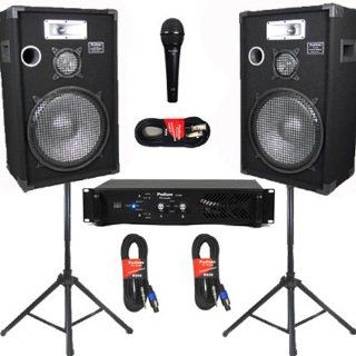 Podium Pro Deluxe DJ 15" Speakers, Stands, Amp, Cables, Bluetooth and Mic Set for PA Karaoke E1525SETB Musical Instruments