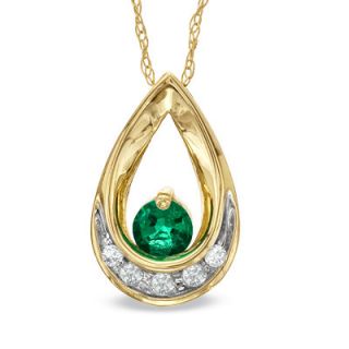 Lab Created Emerald and Diamond Accent Teardrop Pendant in 10K Gold