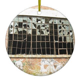 Window In Brick House with Broken Glass Christmas Ornaments