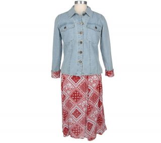 Denim & Co. Jean Jacket & Bandana Print Skirt —