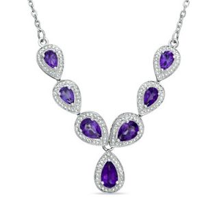 Pear Shaped Amethyst and Diamond Accent Necklace in Sterling Silver