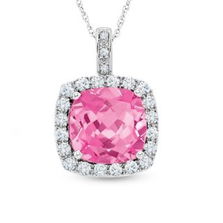 Cushion Cut Lab Created Pink and White Sapphire Pendant in 10K White