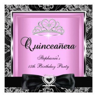 Quinceanera 15th Party Pink Damask Silver Black Custom Announcements