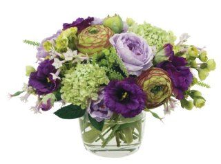 FAB Flowers Sterling Roses, Purple Lisianthus, Fresh Green Hydrangea, Wine Ranunculus, Glass Bowl, 16 Inches Length x 11 Inches High   Silk Flowers