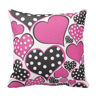 Polka Dot Pink and Black Hearts Pillow