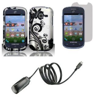 Samsung Galaxy Discover S730G (Net10, Tracfone, Straight Talk)   Accessory Combo Kit   Black Orchid Vines on Silver Design Shield Case + Atom LED Keychain Light + Screen Protector + Micro USB Wall Charger Cell Phones & Accessories