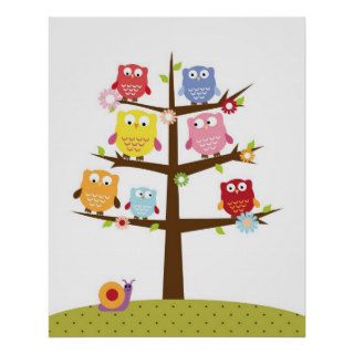 Cute owls on tree illustration print