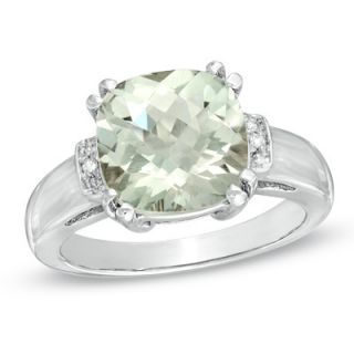 10.0mm Cushion Cut Green Quartz and Diamond Accent Ring in Sterling