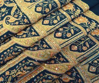 Vintage Saree Crepe Silk Recycled Fabric Kantha Embroidered Curtain Drape Women Wrap Dress Blue 5YD Indian Sari