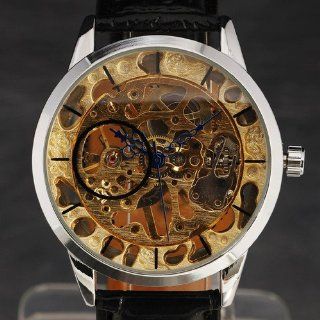 Golden Skeleton Mechanical Movement New Luxury Sport Men Wrist Watch Blk Leather Watches
