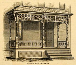 1890 Print Victorian Cottage Home Veranda Porch Entryway Architecture Design   Original Halftone Print  