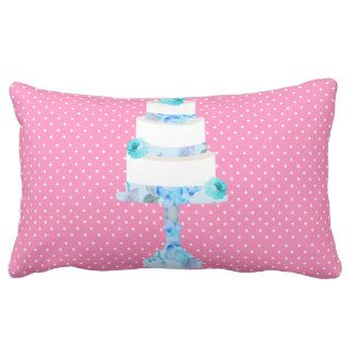 Cute Pink Floral Wedding Cake Teal Polka dots Throw Pillow